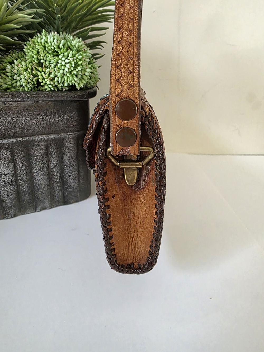 Vintage Roth & Madge Swarovski Crystal Tooled Leather Mini Bag Wristlet - Picture 9 of 17